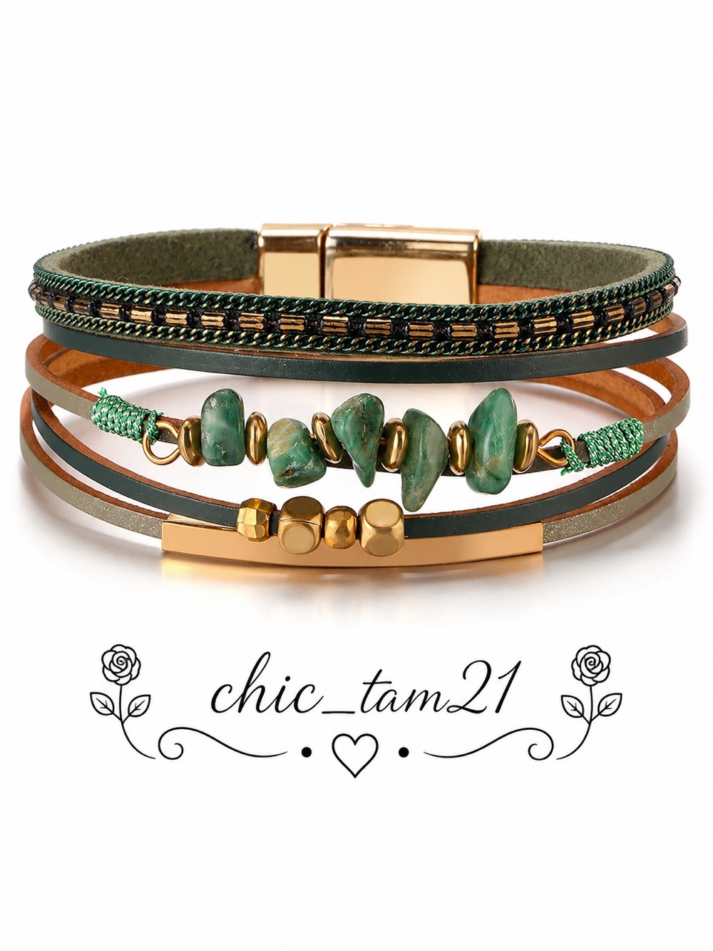 Leather Multi-Strand Green Stone & Gold Accent Bracelet